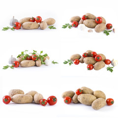 Potatoes and tomatoes on a white background. Potatoes on a white background. Red tomatoes with potatoes