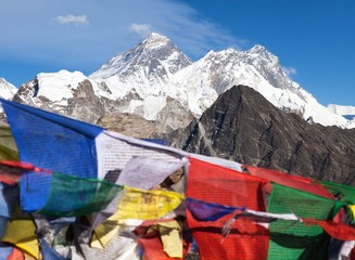 Mount Everest and Lhotse with prayer flags