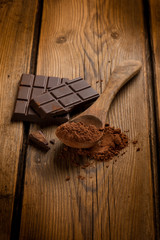 cacao powder on wood spoon and chocolate