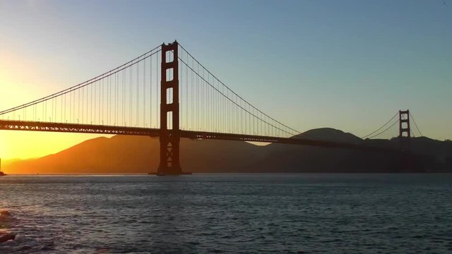 The Golden Gate Bridge at sunset as seen from Chrissy Field, San Francisco, California, USA