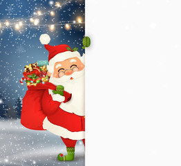 Happy Santa Claus standing behind a blank sign, showing on big blank sign. Cartoon Santa Claus character with gift bag full of gift boxes, white copy space. Holiday winter landscape with firs, snow