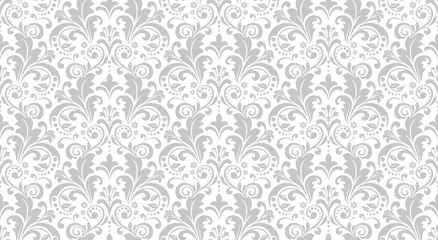 Foto auf Acrylglas Halle Tapete im Stil des Barock. Nahtloser Vektorhintergrund. Weiße und graue Blumenverzierung. Grafisches Muster für Stoff, Tapete, Verpackung. Verzierte Damast-Blumenverzierung.