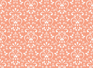 Wallpaper in the style of Baroque. Seamless vector background. White and pink floral ornament. Graphic pattern for fabric, wallpaper, packaging. Ornate Damask flower ornament