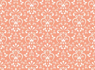 Zelfklevend Fotobehang Wallpaper in the style of Baroque. Seamless vector background. White and pink floral ornament. Graphic pattern for fabric, wallpaper, packaging. Ornate Damask flower ornament © ELENA