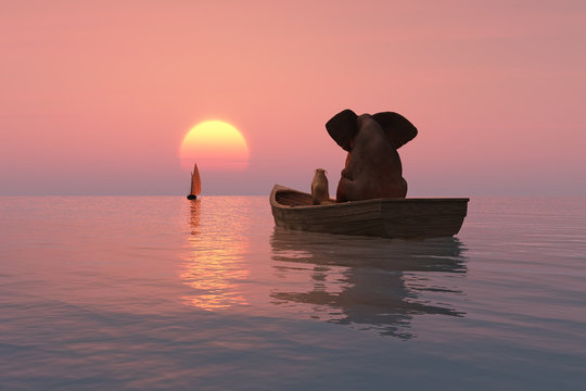 elephant and dog are floating in a boat at sunset
