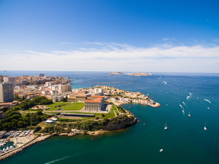 Aerial view of Marseille pier - Vieux Port, Saint Jean castle, and mucem in south of France