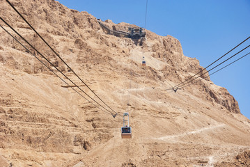 a view of both the ascending and descending cables cars at masada showing portions of the snake path against a clear blue summer sky