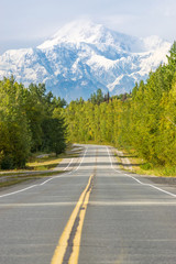 Empty road with mount Denali (mckinley) in the background, Alaska - obrazy, fototapety, plakaty
