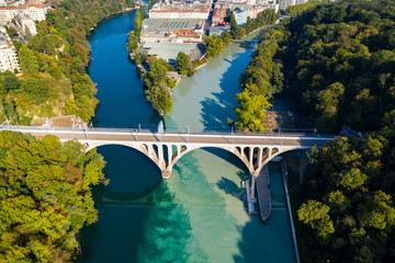 Aerial view of Arve an Rhone river confluent in  Geneva Switzerland
