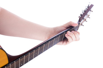 The position of the left male hand on the guitar neck, chord C. Learning to play the guitar