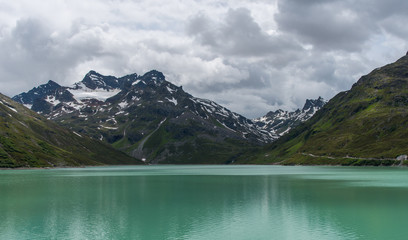 Lake view, mountains and clouds.