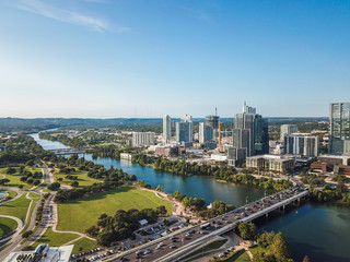 Aerial of Auston Texas from the Congress Avenue Bridge next to the Statesmans Bat Observation Center