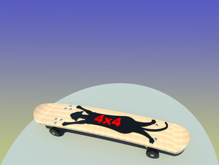 Scateboard four-wheel drive 3D illustration 2. Perspective, black cat print, 3d text. Collection.