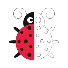 drawing worksheet for preschool kids with easy gaming level of difficulty. Simple educational game for kids. Illustration of funny ladybird for toddlers