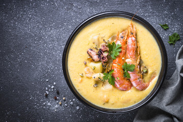 Chowder soup with seafood and prawn shrimps.