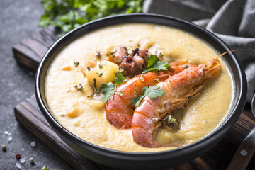 Chowder soup with seafood and prawn shrimps.