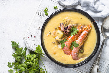 Chowder soup with seafood and prawn shrimps.