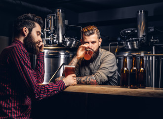 Two stylish bearded hipsters friends drinking craft beer together at the indie brewery.