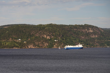Big ship and small yacht in the fjord.