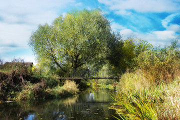 Beautiful nature, the river flows and trees grow nearby. Across the river is a pedestrian bridge