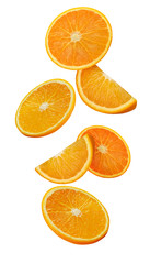 Orange slices in the fall iso isolated on white background. Picture for juice packaging.;