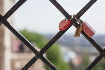 Obraz premium two locks on a metal grill, a romantic wedding tradition
