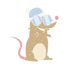 flat color illustration of a cartoon mouse wearing glasses and hat