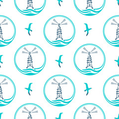 Vector lighthouses seamless pattern. Backgrounds of marine theme.