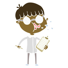 flat color style cartoon boy wearing spectacles with clip board