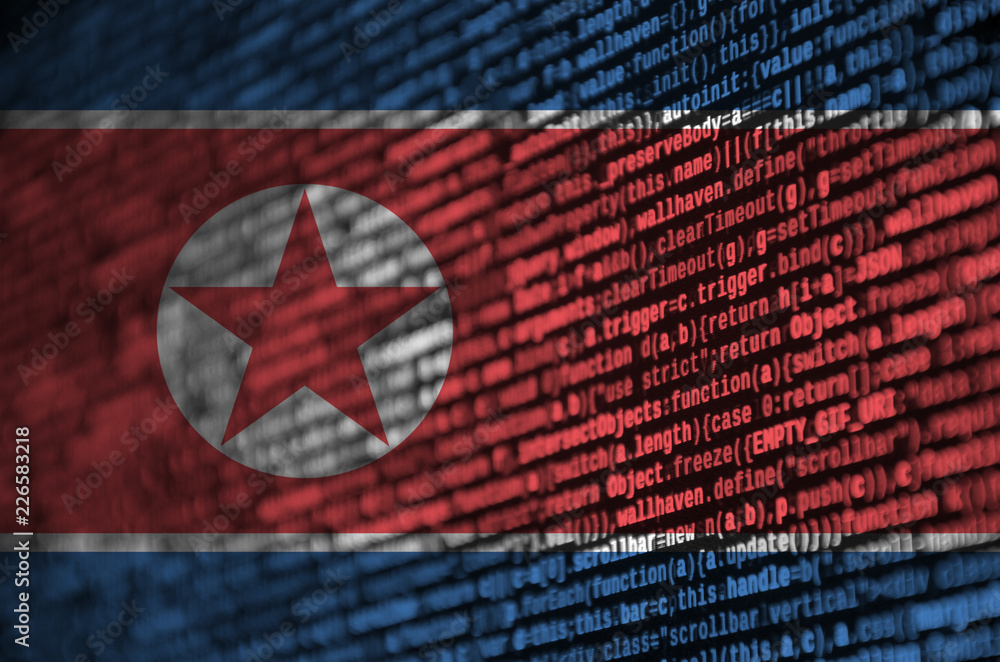 Poster north korea flag is depicted on the screen with the program code. the concept of modern technology a