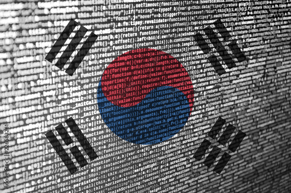 Poster south korea flag is depicted on the screen with the program code. the concept of modern technology a
