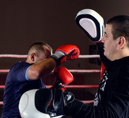 man in gloves boxing with trainer holding focus mitts while standing on ring