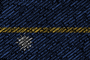 Nauru flag  is depicted on the screen with the program code. The concept of modern technology and...