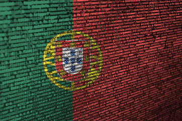 Portugal flag  is depicted on the screen with the program code. The concept of modern technology...