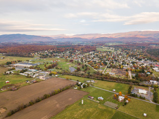 Fototapeta na wymiar Aerial of the small town of Elkton, Virginia in the Shenandoah Valley with Mountains in the Distance
