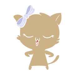 flat color style cartoon cat with bow on head