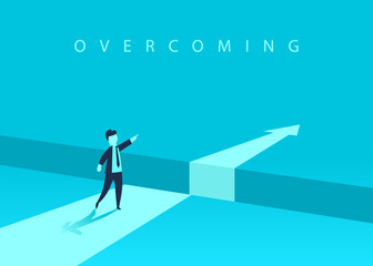 Businessman standing in front of the obstacle, gap on the way to success, business concept of solving the problem. Problems and overcoming obstacles. Vector illustration