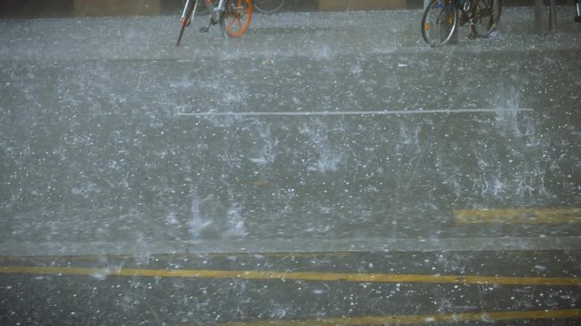 Extreme weather hail rain storm on the streets of Paris close-up