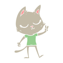 calm flat color style cartoon cat giving peace sign