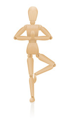 Yoga balance figure. Artist manikin with folded hands, standing on one leg with - three-dimensional mannequin with realistic wood grain. Isolated vector illustration over white background.