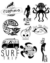 Main surfboard set retro car board shark waves and stuff black and white serfing.