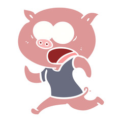 flat color style cartoon pig running away