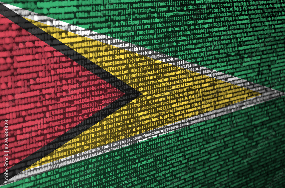 Poster guyana flag is depicted on the screen with the program code. the concept of modern technology and si