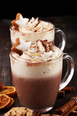 Hot chocolate cocoa with whipped cream on table.