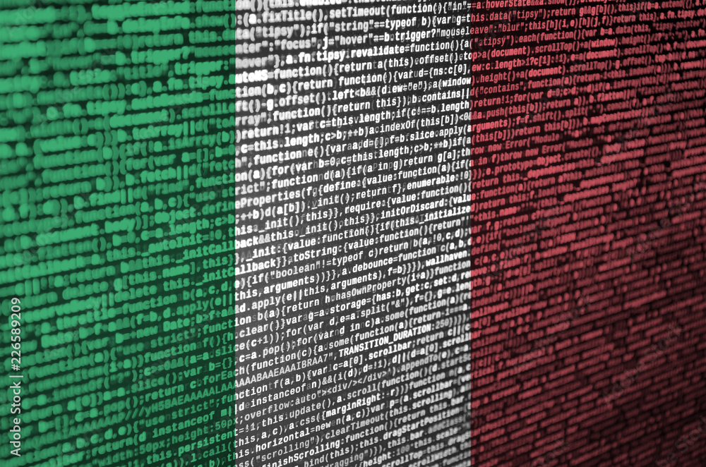 Poster italy flag is depicted on the screen with the program code. the concept of modern technology and sit