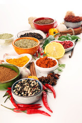 Spices and herbs on table. Food and cuisine ingredients.