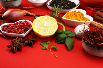 Spices and herbs on table. Food and cuisine ingredients.