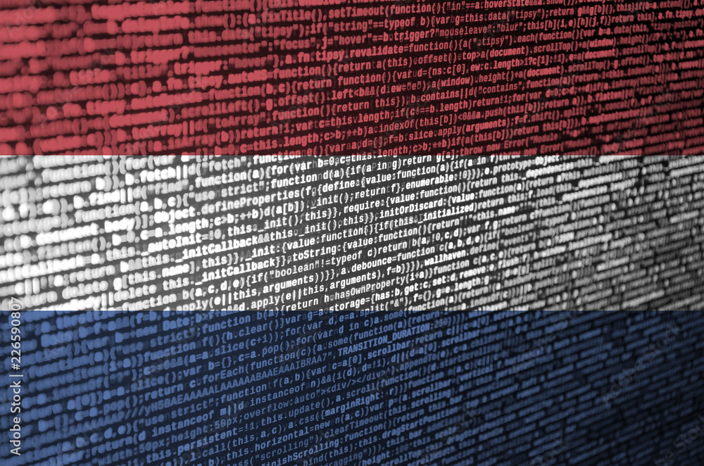 Poster netherlands flag is depicted on the screen with the program code. the concept of modern technology a