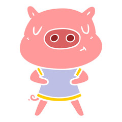 flat color style cartoon content pig wearing t shirt