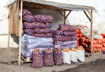 Fresh organic potatoes, onion and carrots of new harvest